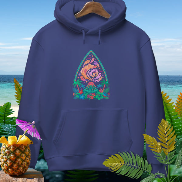 Navy hoodie with a colorful volcano, palm trees, and floral graphic.