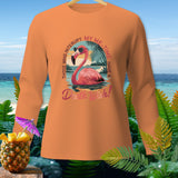 Orange long-sleeve shirt with a flamingo in sunglasses and text 
