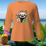 Orange long-sleeve shirt with a smiling sloth graphic surrounded by flowers and leaves.
