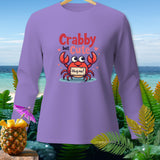 Lavender long-sleeve shirt with a crab design and text 