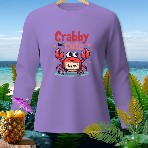 Lavender long-sleeve shirt with a crab design and text "Crabby but Cute. Hug me!".
