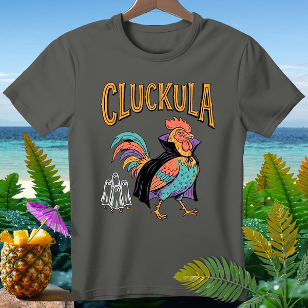 Dark grey t-shirt with "CLUCKULA" text and a vampire rooster with ghosts.