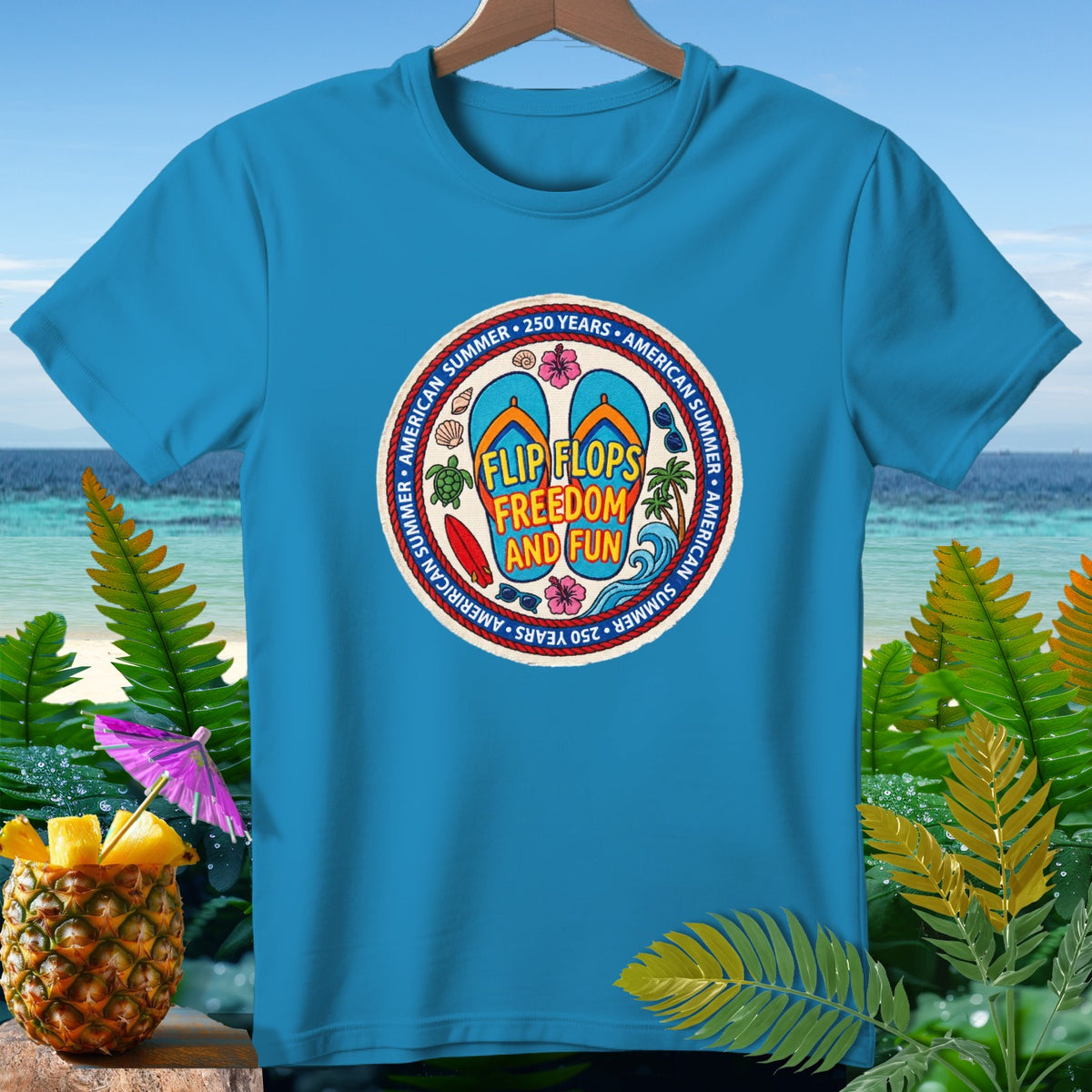 Blue t-shirt with circular graphic: "Flip Flops Freedom and Fun" and "American Summer 250 Years".