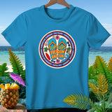 Blue t-shirt with circular graphic: 