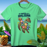 Green t-shirt with two turtles and text 