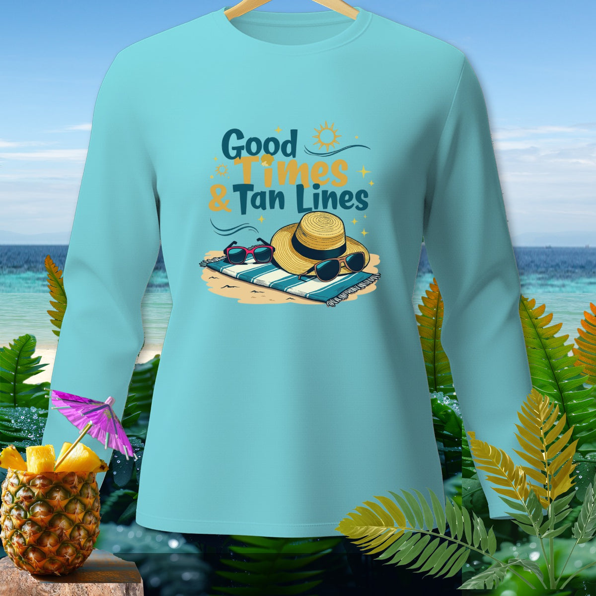 Light blue long-sleeve shirt with "Good Times & Tan Lines" graphic.