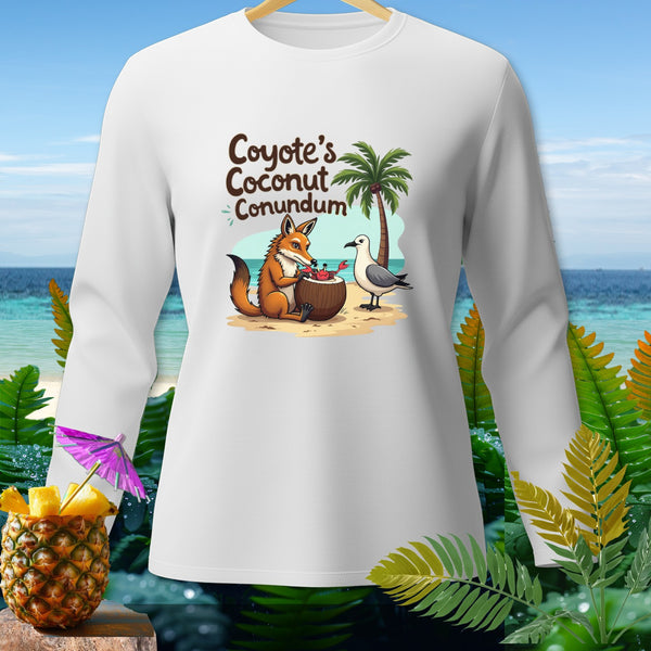 White long-sleeve shirt with cartoon fox and seagull on a beach, text reads "Coyote's Coconut Conundum".