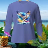 Long sleeve t-shirt with watercolor owl design on the front.