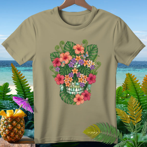 Tan t-shirt with a tropical floral skull design, featuring butterflies and seashells.