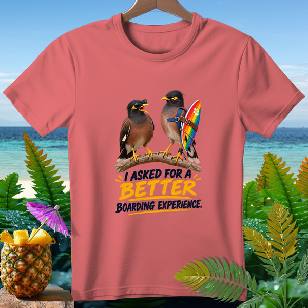 Two birds on a branch, one with sunglasses, the other with a surfboard.