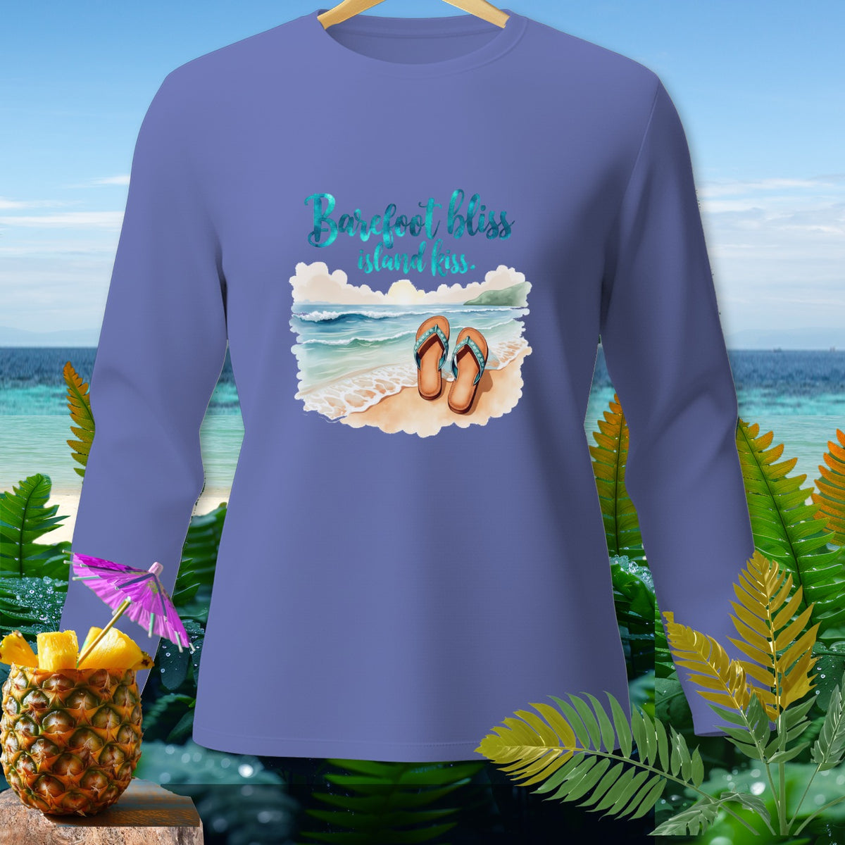 Purple long-sleeve shirt with "Barefoot bliss island kiss" text and beach graphic.