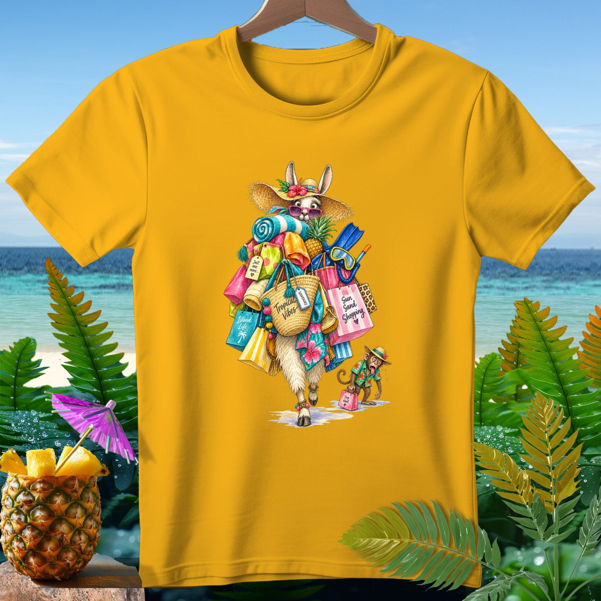 Yellow t-shirt with a llama wearing a straw hat, loaded with shopping bags.