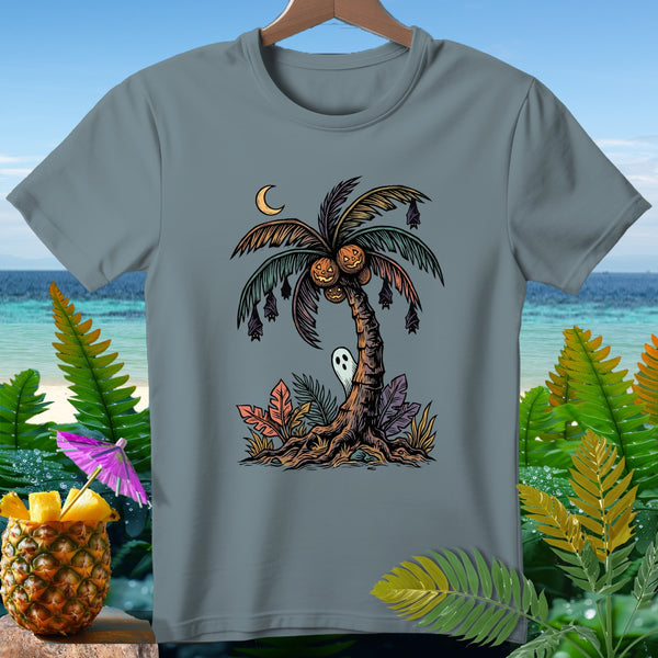 Halloween palm tree with jack-o'-lanterns, bats, ghost, and crescent moon.