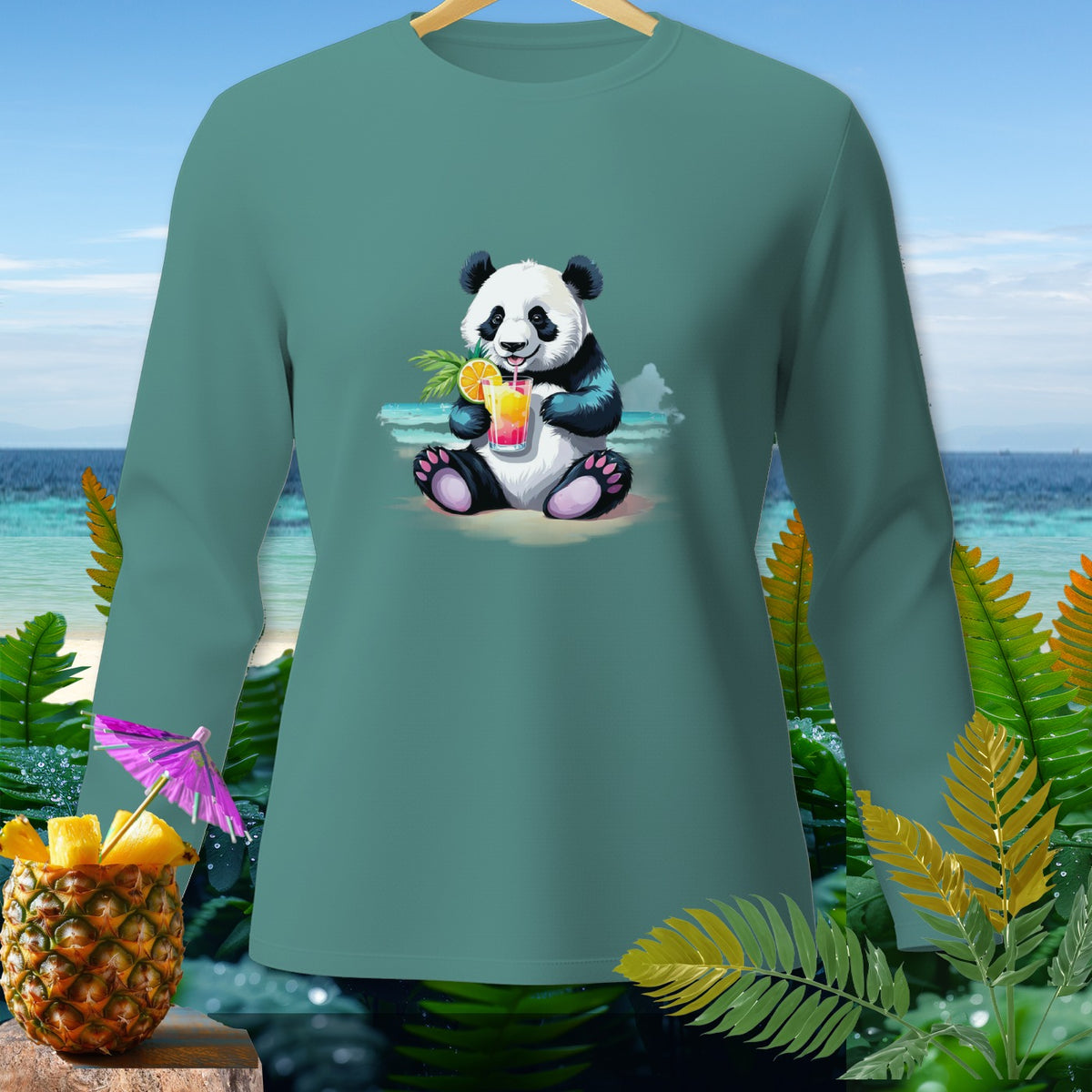 Teal long-sleeve shirt with a panda drinking a colorful beverage on a beach.