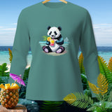 Teal long-sleeve shirt with a panda drinking a colorful beverage on a beach.