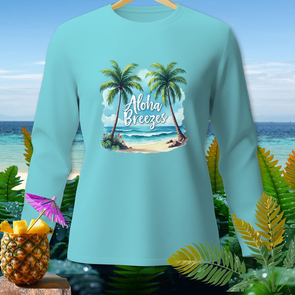 Light blue long sleeve shirt with "Aloha Breezes" text and palm trees.