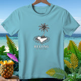 Light blue t-shirt with palm tree on heart-shaped island, text 