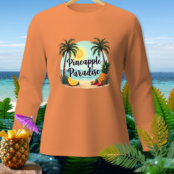 Orange long-sleeve shirt with "Pineapple Paradise" text and tropical beach graphic.