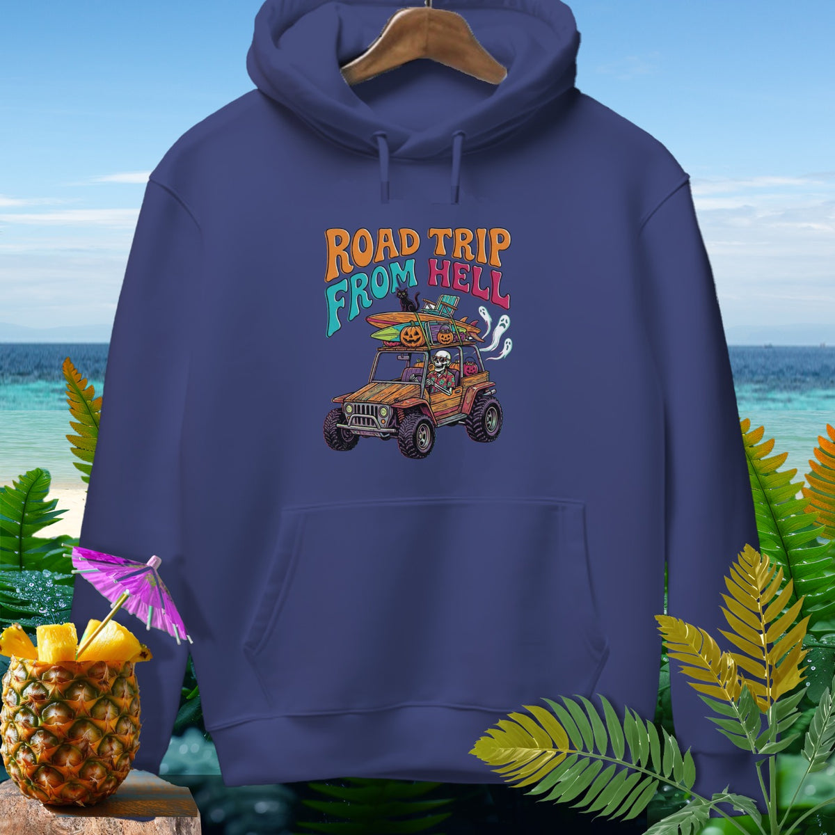 Navy hoodie with "Road Trip From Hell" graphic featuring a skeleton driving an off-road vehicle.