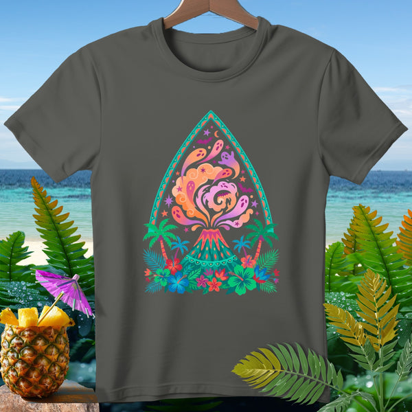 Dark grey t-shirt with a colorful volcano, ghosts, and tropical scene design.