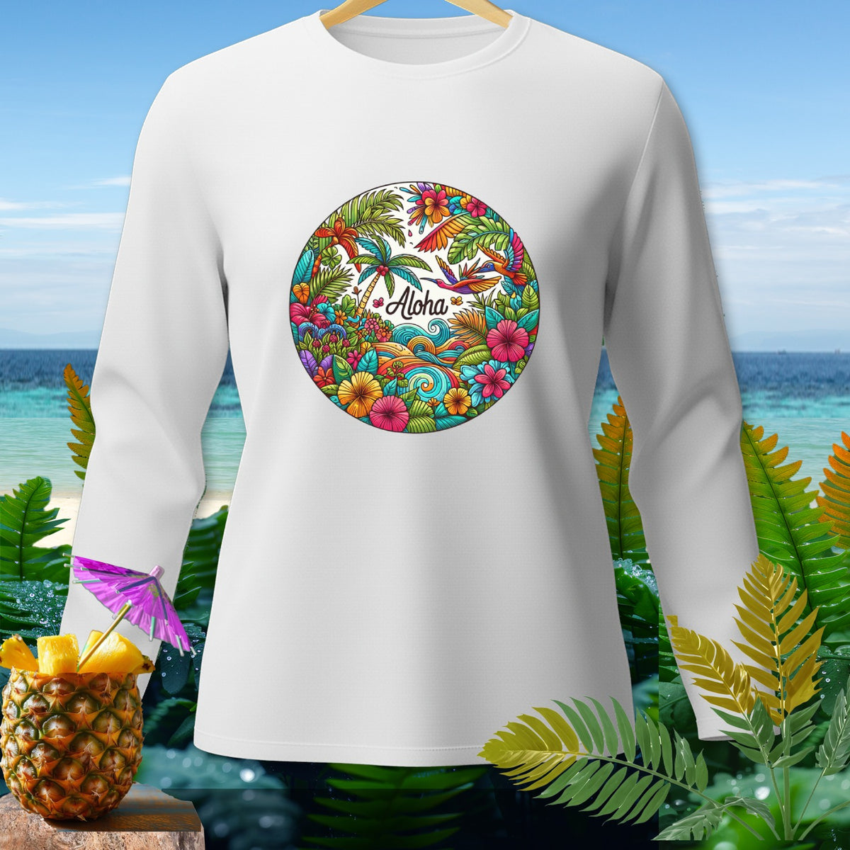 White long-sleeve shirt with "Aloha" floral and tropical scene graphic.