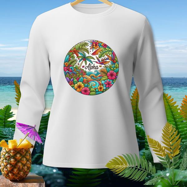 White long-sleeve shirt with "Aloha" floral and tropical scene graphic.