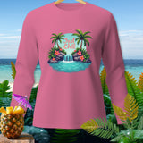 Pink long-sleeve shirt with tropical waterfall and 