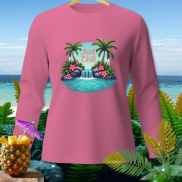 Pink long-sleeve shirt with tropical waterfall and "Just Chill" text graphic.