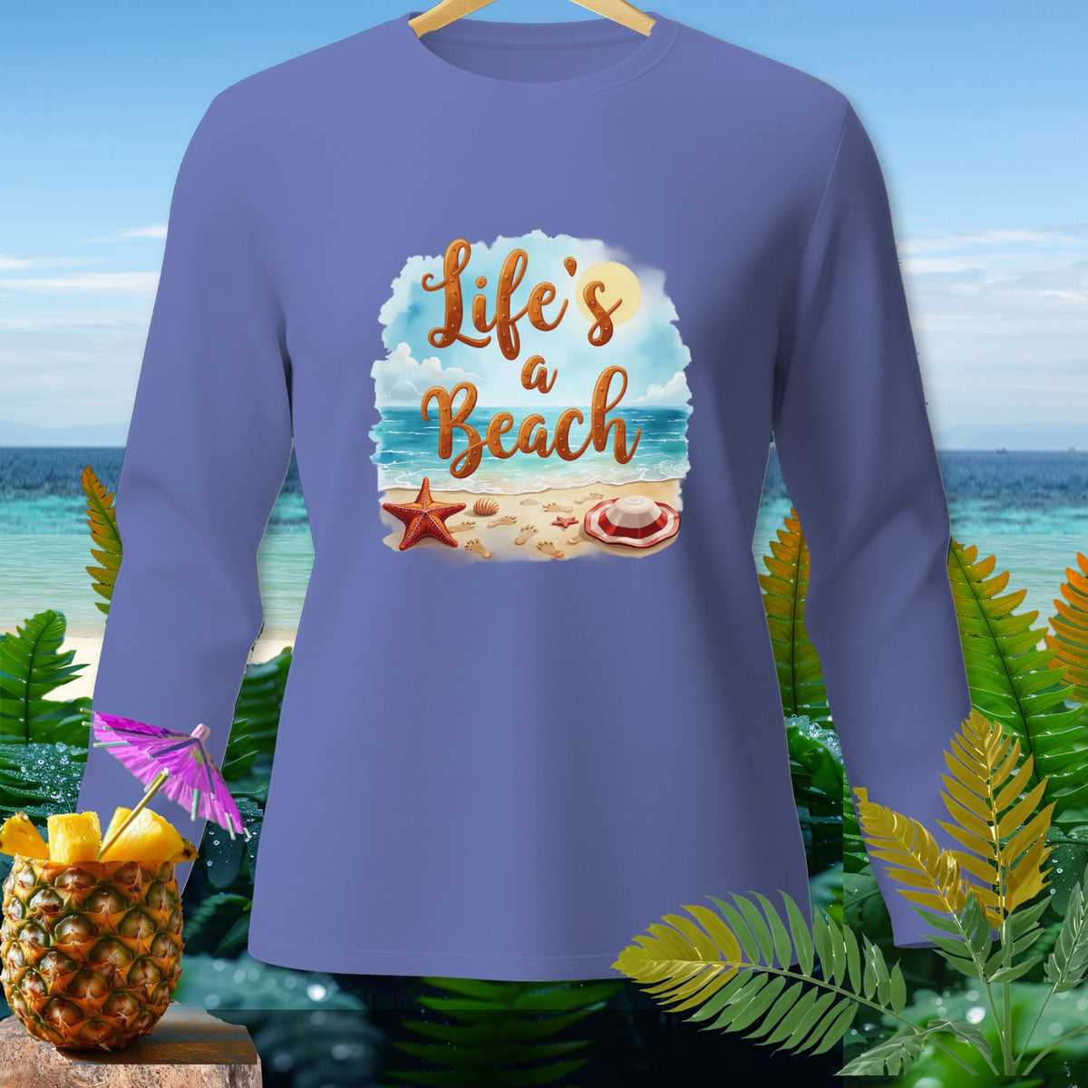 Long-sleeved lavender t-shirt with "Life's a Beach" graphic and tropical elements.