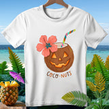 White t-shirt with a coconut carved like a jack-o'-lantern, a hibiscus flower, and text 