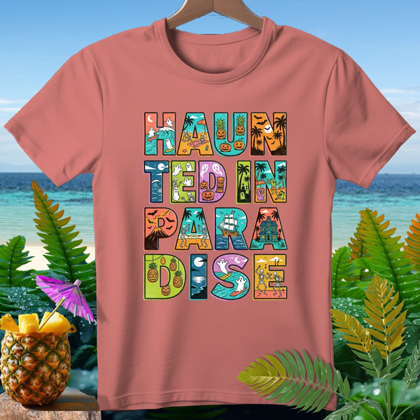 T-shirt with "Haunted in Paradise" text in colorful, themed letters.