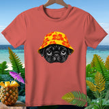 Coral t-shirt with black pug wearing a yellow hibiscus bucket hat.