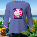 Long-sleeve shirt with a pink flamingo, palm trees, and sunset graphic.