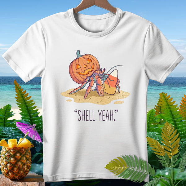 Hermit crab with jack-o'-lantern shell and candy corn says "SHELL YEAH."