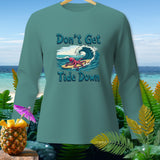 Teal long-sleeve shirt with octopus surfing and text 