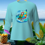 Light blue long-sleeve shirt with a colorful parrot windsurfing graphic.