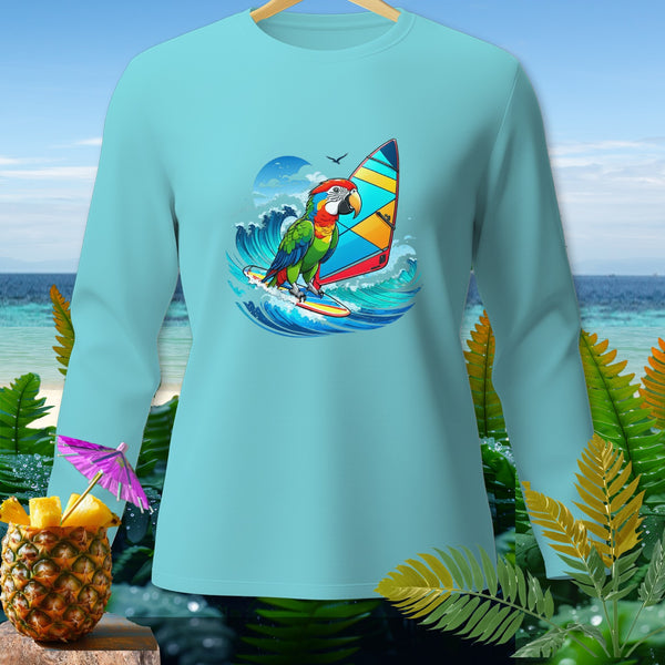 Light blue long-sleeve shirt with a colorful parrot windsurfing graphic.