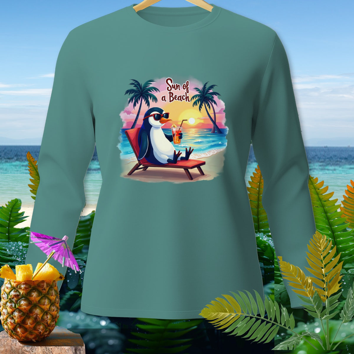 Penguin relaxing on a beach chair with a drink, text "Sun of a Beach".