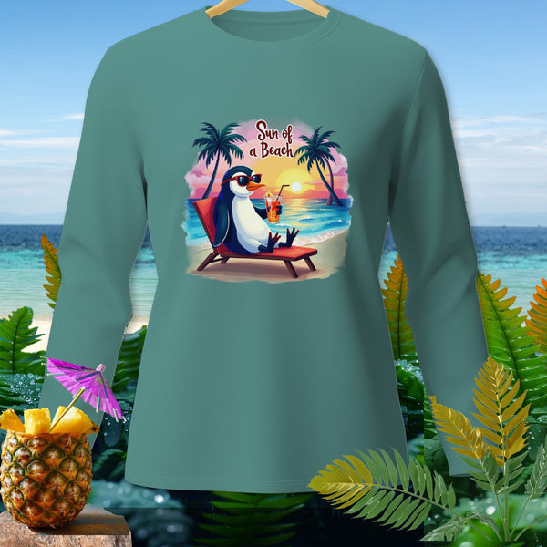 Penguin relaxing on a beach chair with a drink, text "Sun of a Beach".
