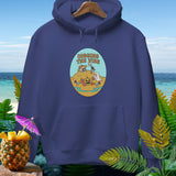 Navy hoodie with oval graphic of skeleton, ghost, and pumpkin on beach, text 
