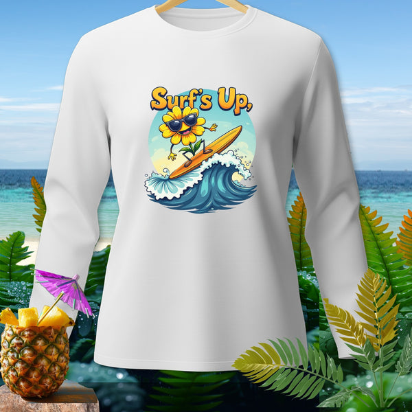 White long-sleeve shirt with cartoon flower surfing and text "Surf's Up".