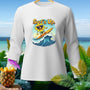 White long-sleeve shirt with cartoon flower surfing and text "Surf's Up".