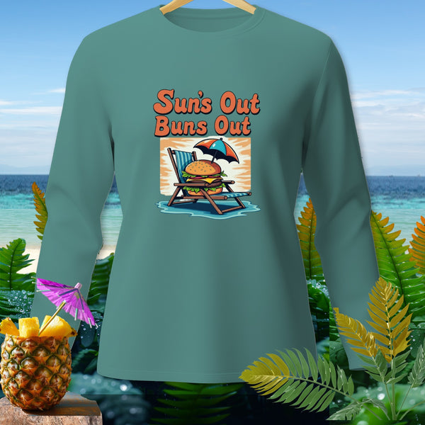 Long sleeve shirt with "Sun's Out Buns Out" text and burger graphic.
