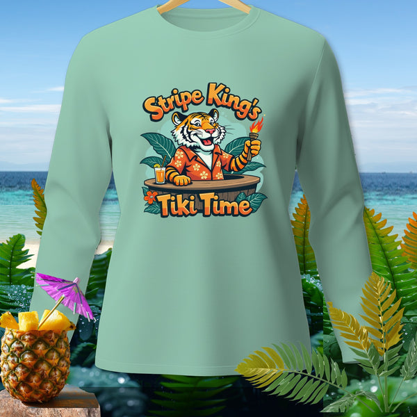 Tiger wearing Hawaiian shirt with "Stripe King's Tiki Time" text on mint long-sleeve shirt.