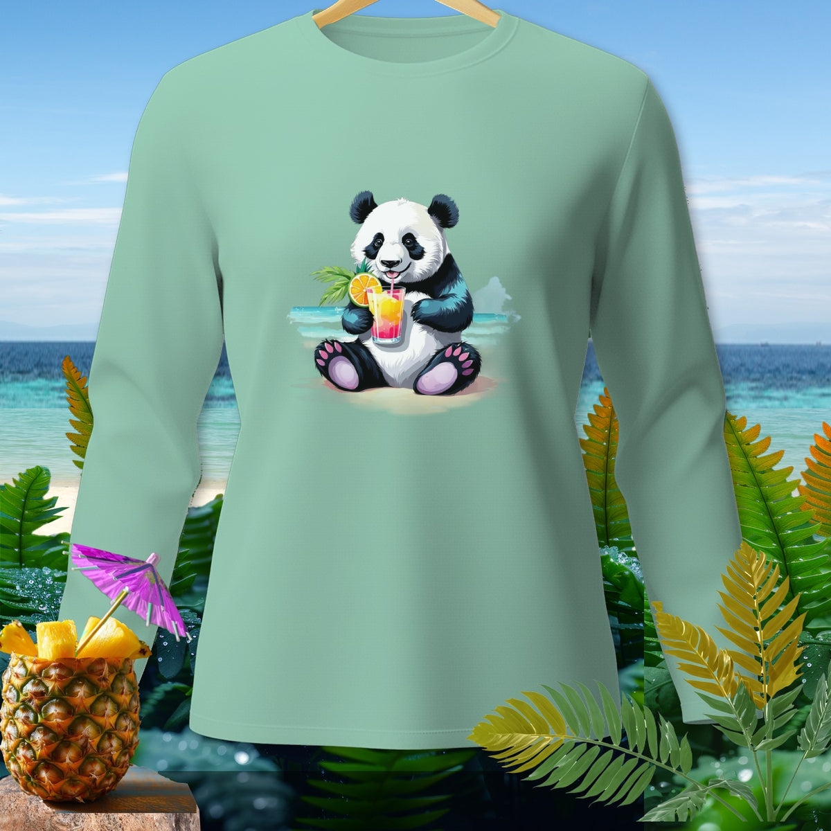Light green long-sleeve shirt with a cartoon panda drinking a fruity beverage.