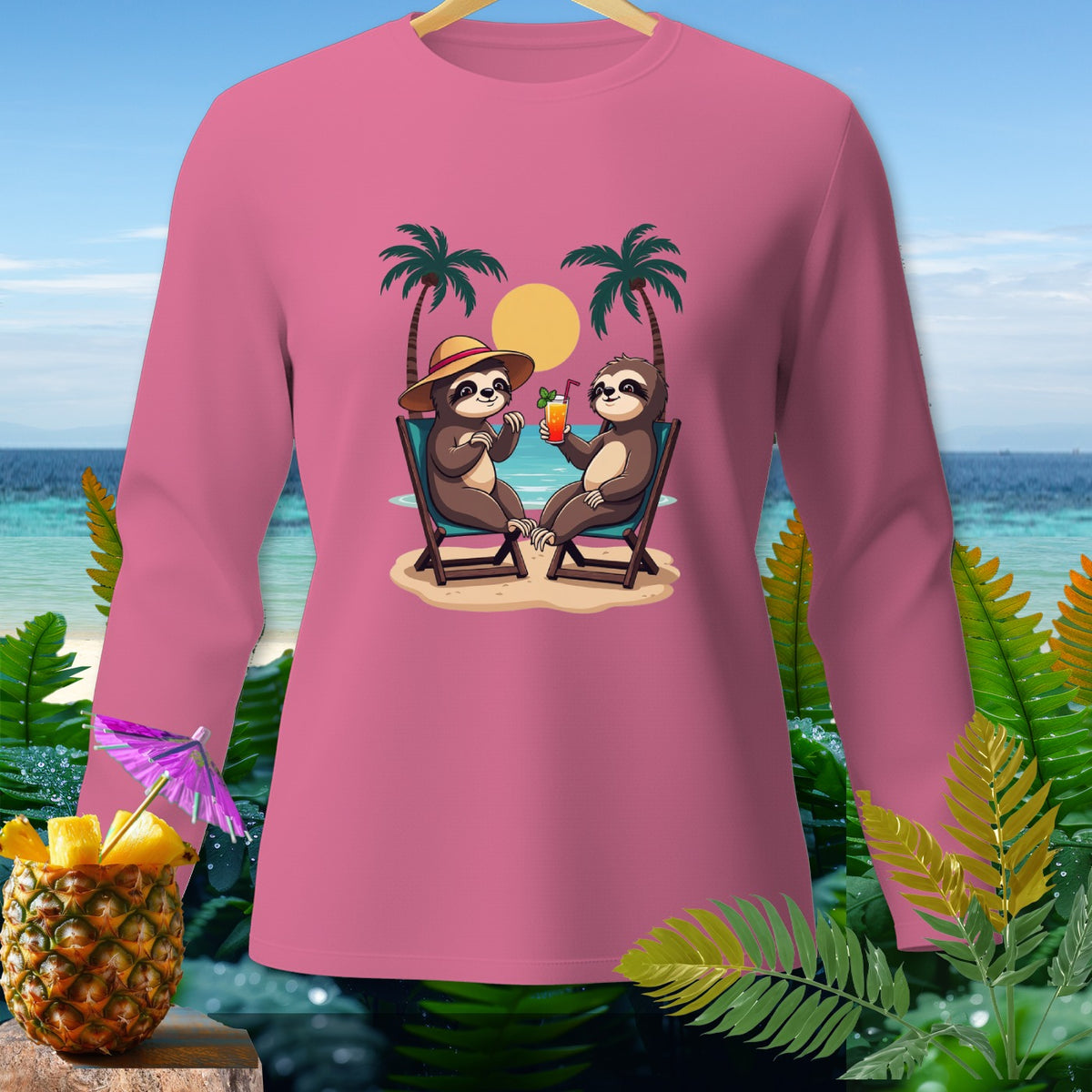 Pink long sleeve shirt with cartoon sloths relaxing on beach chairs.