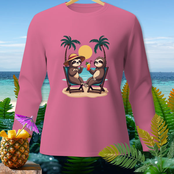 Pink long sleeve shirt with cartoon sloths relaxing on beach chairs.