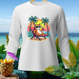 Cartoon cat wearing sunglasses relaxing on a beach chair with a drink.