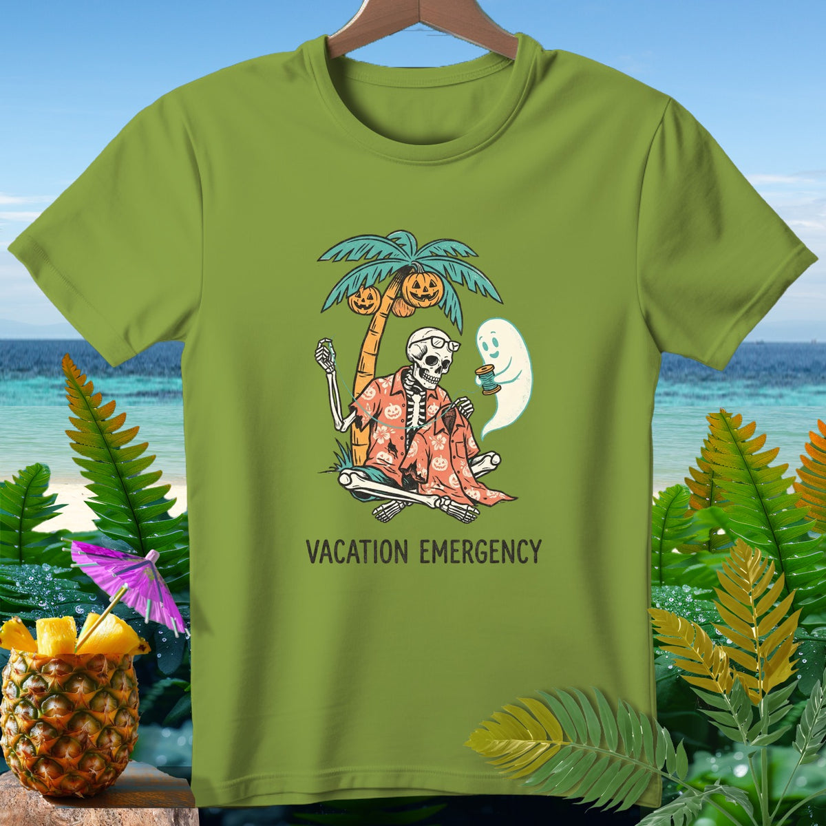 Skeleton on beach under palm tree with pumpkins, holding a drink, ghost nearby, text "Vacation Emergency".