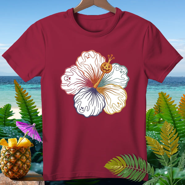 Maroon t-shirt with hibiscus design featuring ghosts and a jack-o'-lantern.